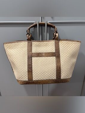 Vintage Adrienne Vittadini Jute Straw Tote with python leather trim & top handle